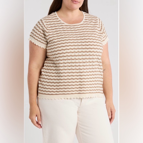 Adrianna Papell Tops - Adrianna Papell Wavy Stripe Short Sleeve Pointelle Sweater
